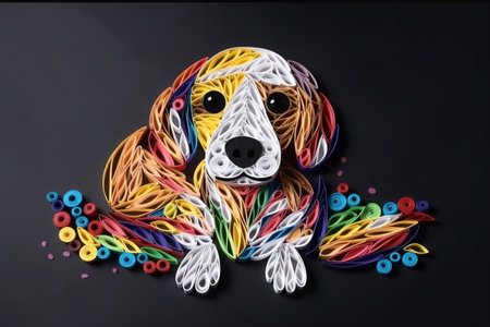Cute dog with multicolored yarn on black background, top viewの素材