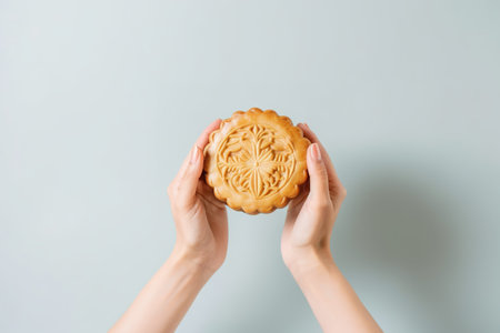 cropped view of woman holding tasty moon cake on grey background with copy spaceの素材