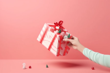 Female hand holding a gift box with a red bow on a pink backgroundの素材