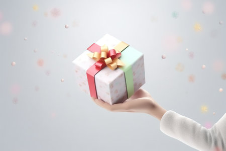 Close up of female hand holding gift box with bokeh backgroundの素材