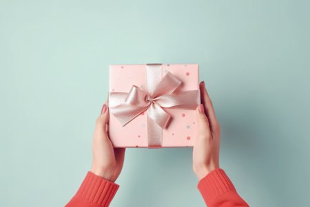 Female hands holding a pink gift box on a blue background, top viewの素材