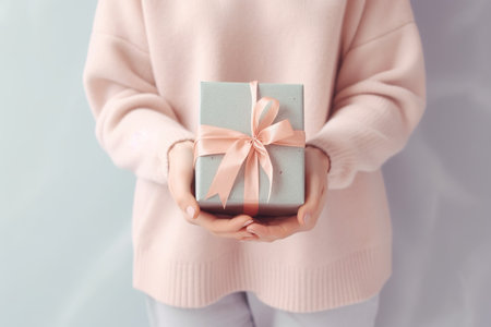 Female hands holding a gift box with a bow on a light backgroundの素材