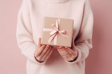 Female hands holding a gift box on a pink background. Holiday concept.の素材