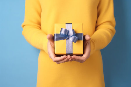 Woman holding gift box on color background, closeup. Christmas celebrationの素材