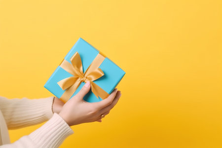 Female hands holding blue gift box on yellow background. Copy space.の素材