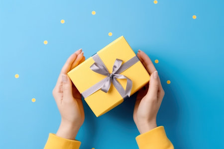 Female hands holding a gift box on a blue background. Top view.の素材