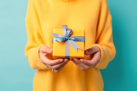 Woman in yellow sweater holding a gift box on turquoise backgroundの素材