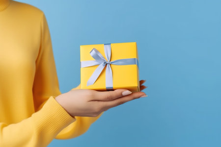 Woman holding gift box on color background, closeup. Christmas presentの素材