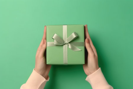 Female hands holding a gift box on a green background. Top view.の素材