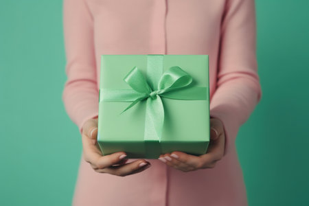 Woman holding gift box on color background, closeup. Christmas celebrationの素材