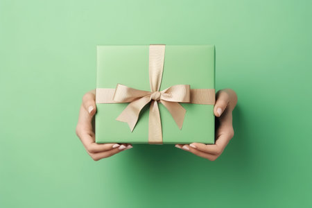 Woman holding a green gift box on a green background, closeupの素材
