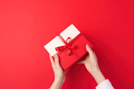 Female hands holding a red gift box on a red background with copy spaceの素材