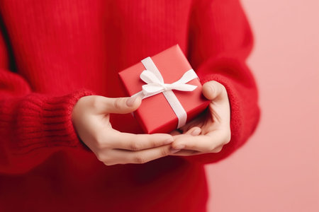 Female hands holding a red gift box with a white ribbon on a pink backgroundの素材