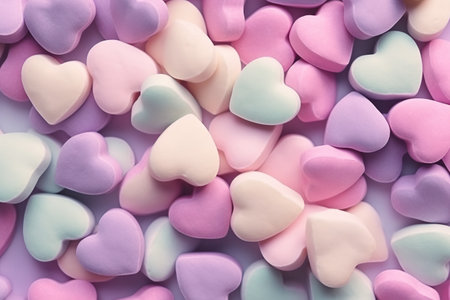 Colorful heart shaped marshmallow candies background. Top view.の素材