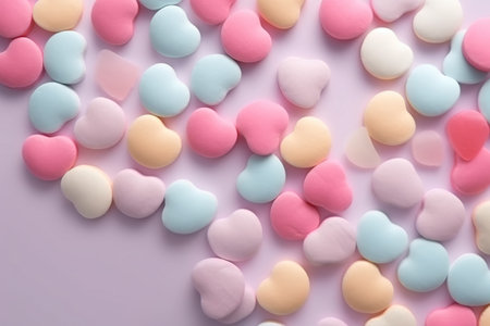 Colorful heart-shaped candies on a pink background. Top view.の素材