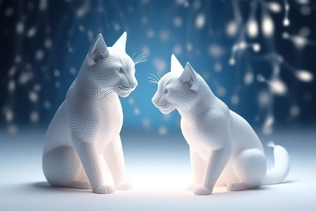 Two white cats on a blue background with snowflakes. 3d renderingの素材