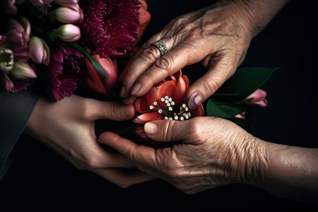 Hands of an elderly woman with a bouquet of flowers. Mother's Day hands with gift and flowerの素材