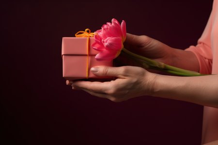 Female hands holding a gift box and tulip flower on dark background. Mother's Day hands with gift and flowerの素材