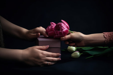 Female hands holding a gift box with tulips on a black background. Mother's Day hands with gift and flowerの素材