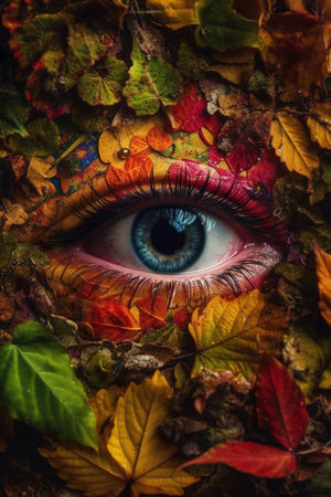 Close up view of beautiful woman's eye with autumn leaves background.の素材