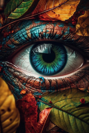 Beautiful woman's eye with autumn leaves. Beauty, fashion.の素材