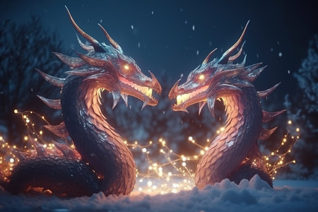 Two red dragon with a garland in the snow. 3d renderingの素材