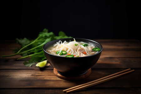 Vietnamese noodle soup with beef and vegetables on wooden tableの素材