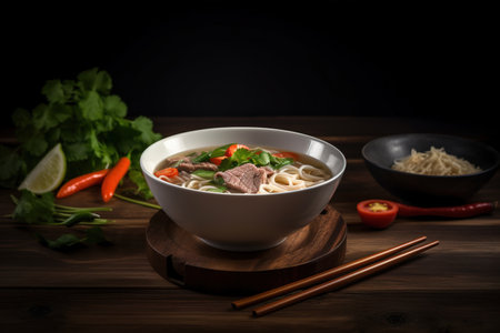 Vietnamese noodle soup with beef and vegetables on wooden tableの素材