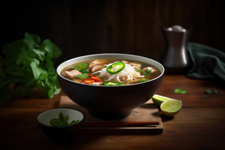 Vietnamese noodle soup with pork and vegetables on wooden tableの素材