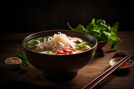 Vietnamese noodle soup with vegetables and herbs on wooden tableの素材