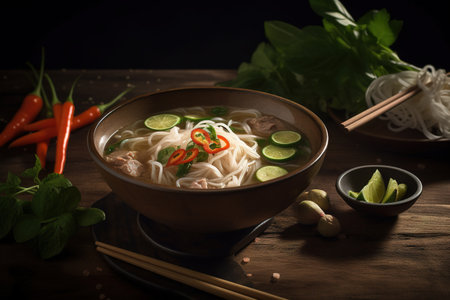 Vietnamese noodle soup with pork and vegetables on wooden tableの素材