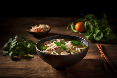 Vietnamese noodle soup with beef and vegetables on wooden tableの素材