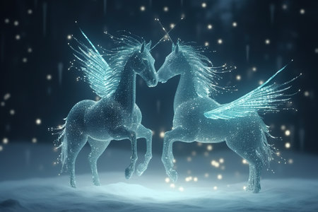 Two unicorns with wings and stars in snow. 3D renderingの素材