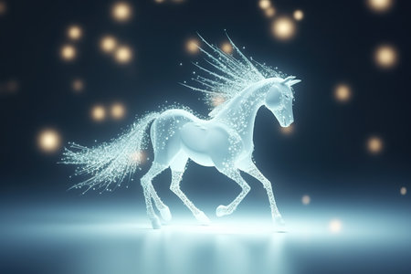 White horse with sparkles on a dark background. 3d renderingの素材