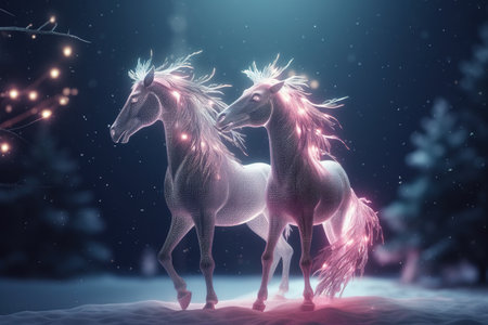 Two white horses with christmas lights and snow background. 3D renderingの素材