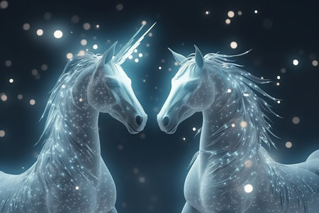 Two white unicorns on a dark background with stars. 3d renderingの素材