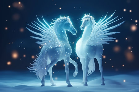 Two white horses with wings on a blue background. 3d renderingの素材