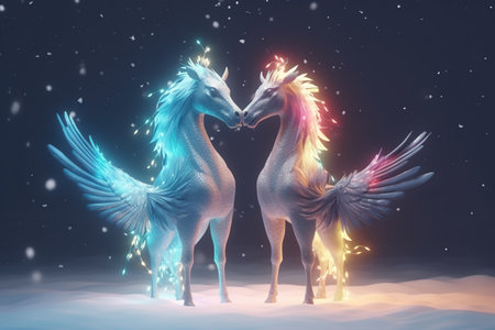 Two unicorns with wings on a dark background. 3d renderingの素材