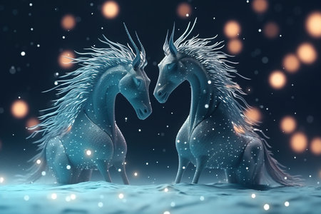 Two white unicorns in winter night. 3D rendering, 3D illustration.の素材
