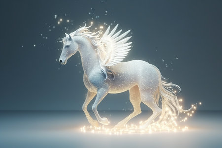Unicorn with wings and sparkles. 3D rendering.の素材