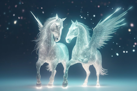 Two white unicorns with wings on a dark background. 3d renderingの素材