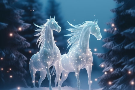 Christmas card with two white horses in winter forest. 3D renderingの素材