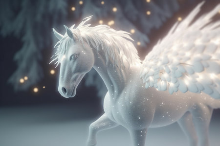 White horse with wings in winter forest. 3d render illustration.の素材