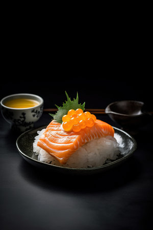 Salmon Sashimi on Rice - Japanese food style on black backgroundの素材