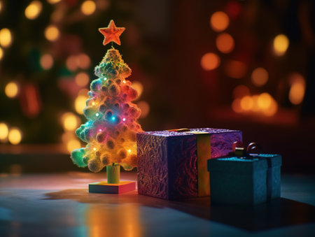 Christmas tree and gifts on the background of a Christmas tree with a garlandの素材