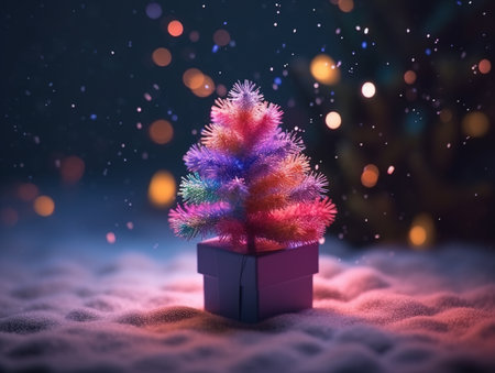 Christmas tree in gift box on snow with bokeh background.の素材