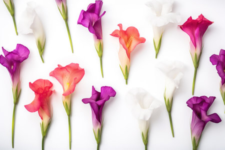 Colorful flowers on white background. Flat lay, top view.の素材