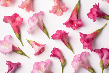 Pink freesia flowers on white background. Flat lay, top viewの素材