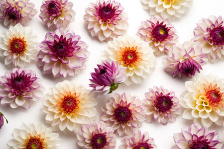Colorful dahlia flowers on white background. Top view.の素材