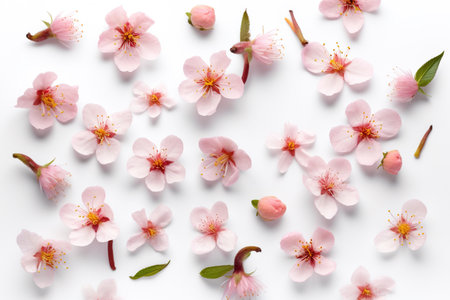 Beautiful blossoming branches of peach on white background, top viewの素材